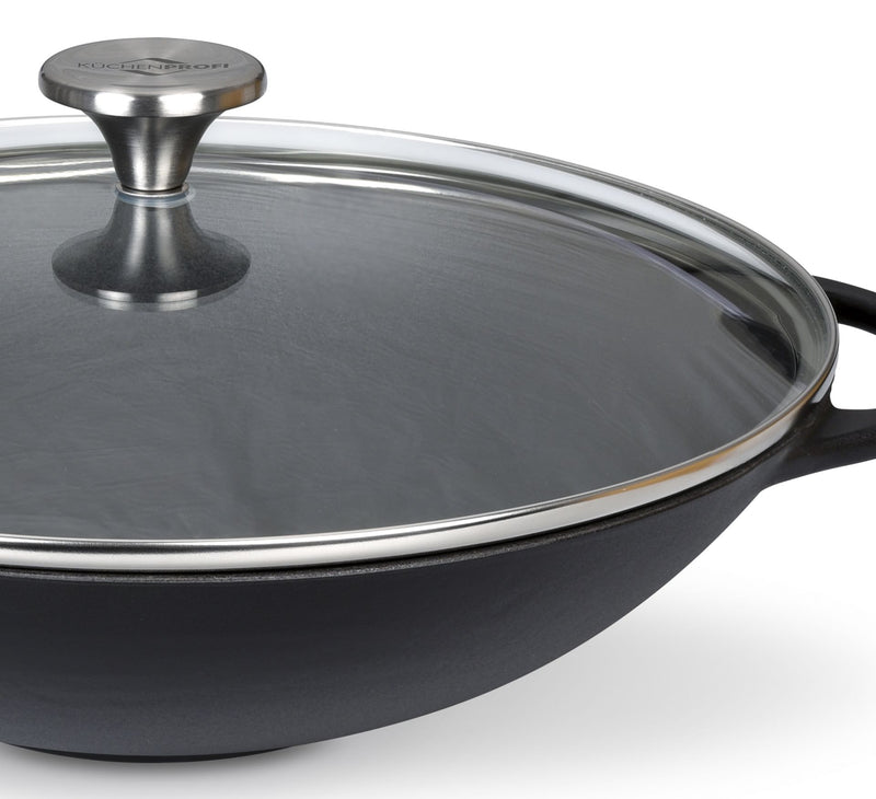 Küchenprofi Provence cast iron wok with glass lid, 30 cm black