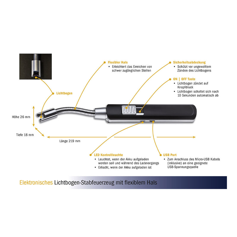 TFA Elektronisches Lichtbogen-Stabfeuerzeug mit flexiblem Hals