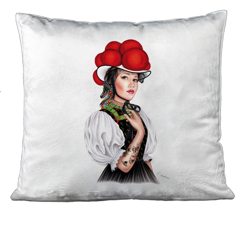 Schwarzwald Kissen mit Bollenhut Motiv, 40x40cm,