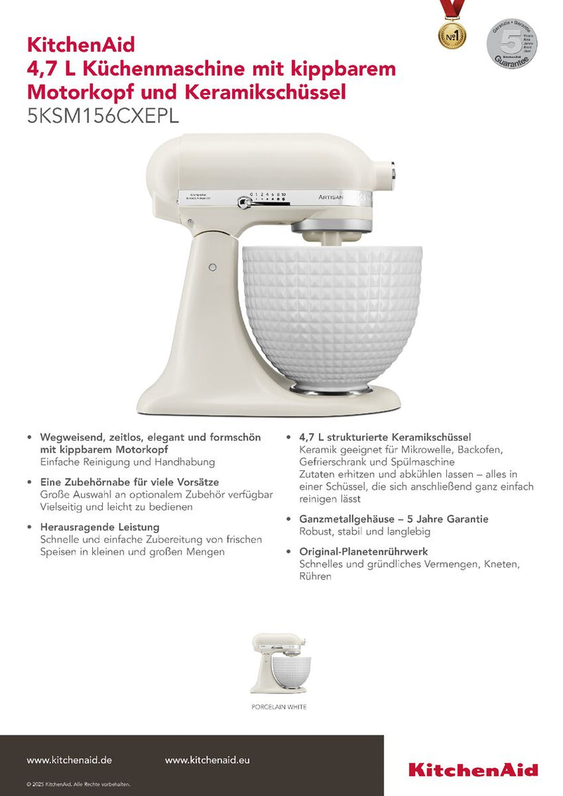 KitchenAid Küchenmaschine Artisan mit Keramikschüssel  5KSM156CXEPL Porcelain