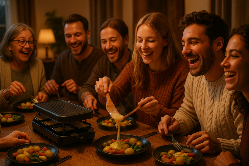 Bild von glücklichen Menschen die zusammen Raclette essen