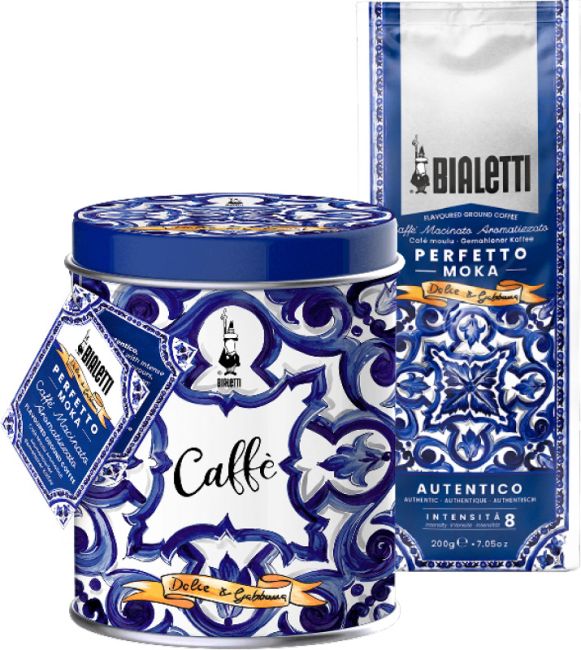 Bialetti Dolce & Gabbana Blu Mediterraneo Design-Kaffeedose und  Perfetto Moka Autentico Kaffee, gemahlen 200