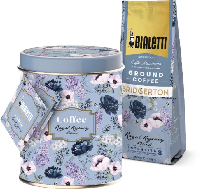 Bridgerton Design-Kaffeedose und Royal Regency Blend Kaffee, gemahlen 250g