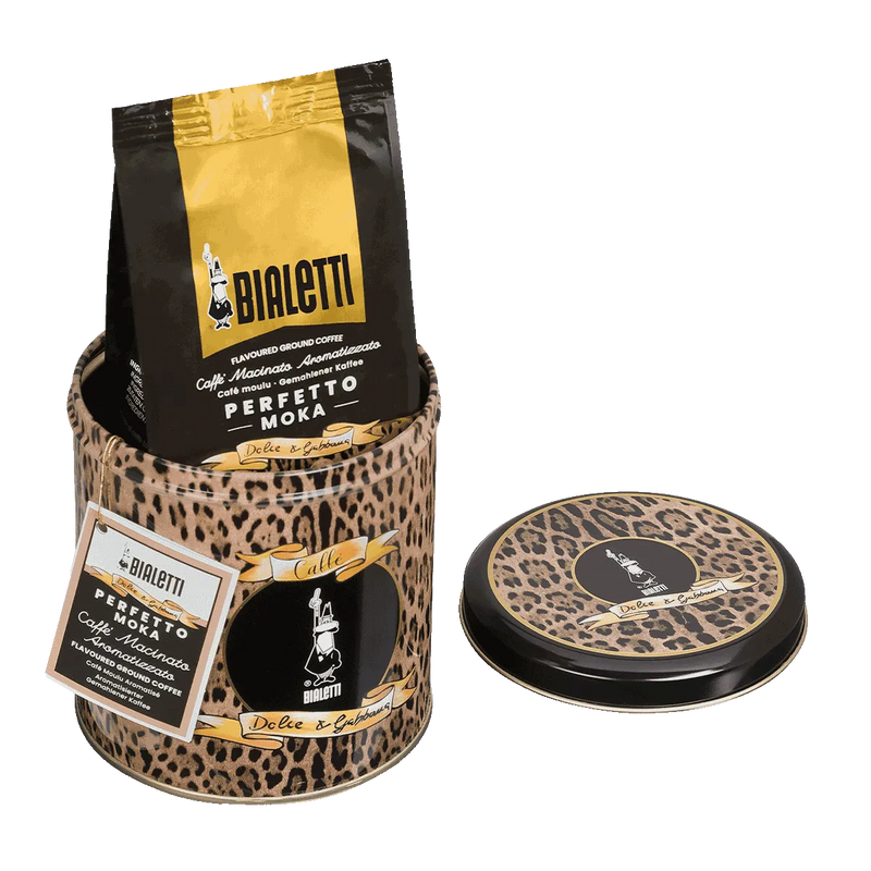 Bialetti Dolce & Gabbana Leopardo Kaffeedose und Perfetto Moka Kaffee, gemahlen 200g