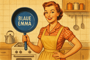 Nostalgie Bild im 50er/60er Jahre Stil, Zeichnung, Frau in der Küche mit der Bratpfanne "Blaue Emma" Emailpfanne außen blau innen schwarz wie im Artikel
