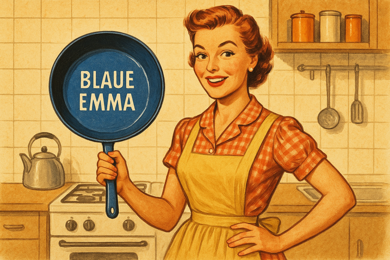 Nostalgie Bild im 50er/60er Jahre Stil, Zeichnung, Frau in der Küche mit der Bratpfanne "Blaue Emma" Emailpfanne außen blau innen schwarz wie im Artikel