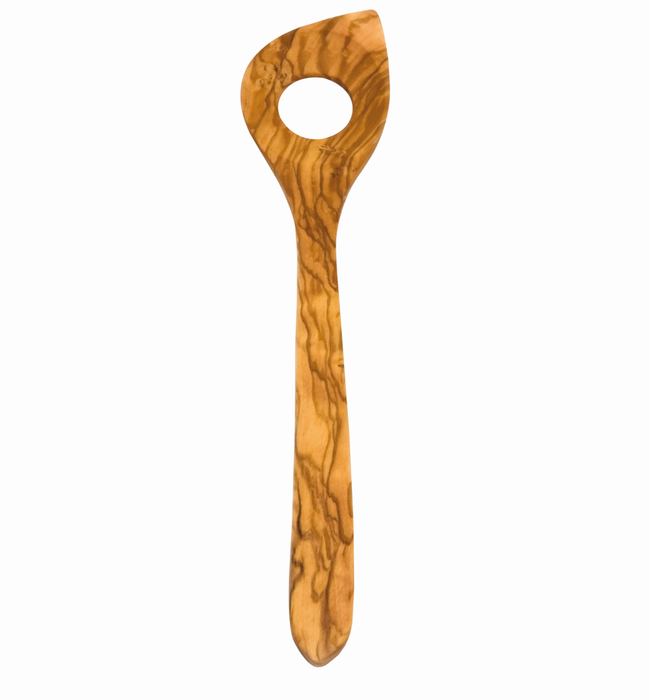 Wooden risotto spoon pointed with hole, olive wood