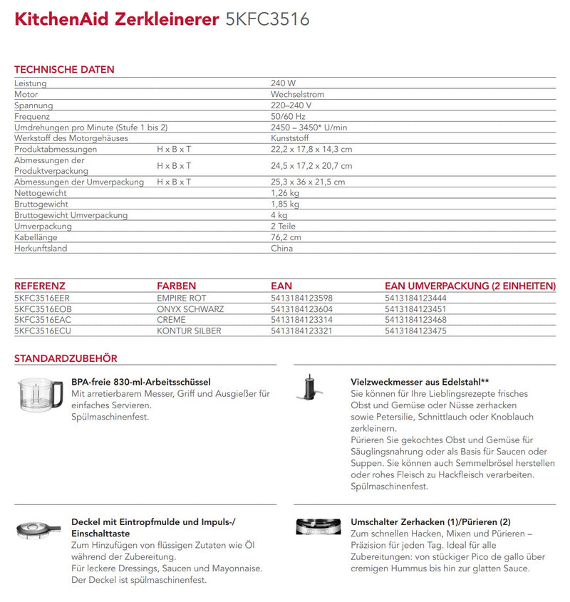 KitchenAid Zerkleinerer 830 mL 5KFC3516