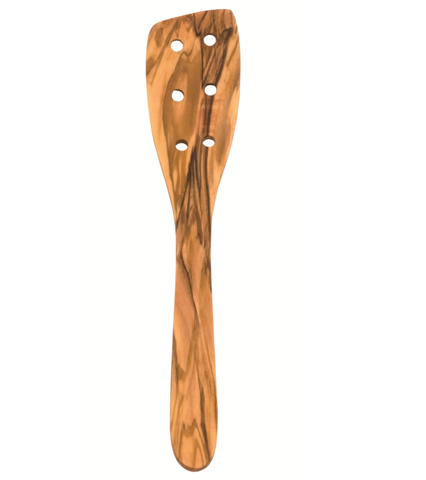 Wooden spatula curved with 6 holes, olive wood, 30x5.7cm