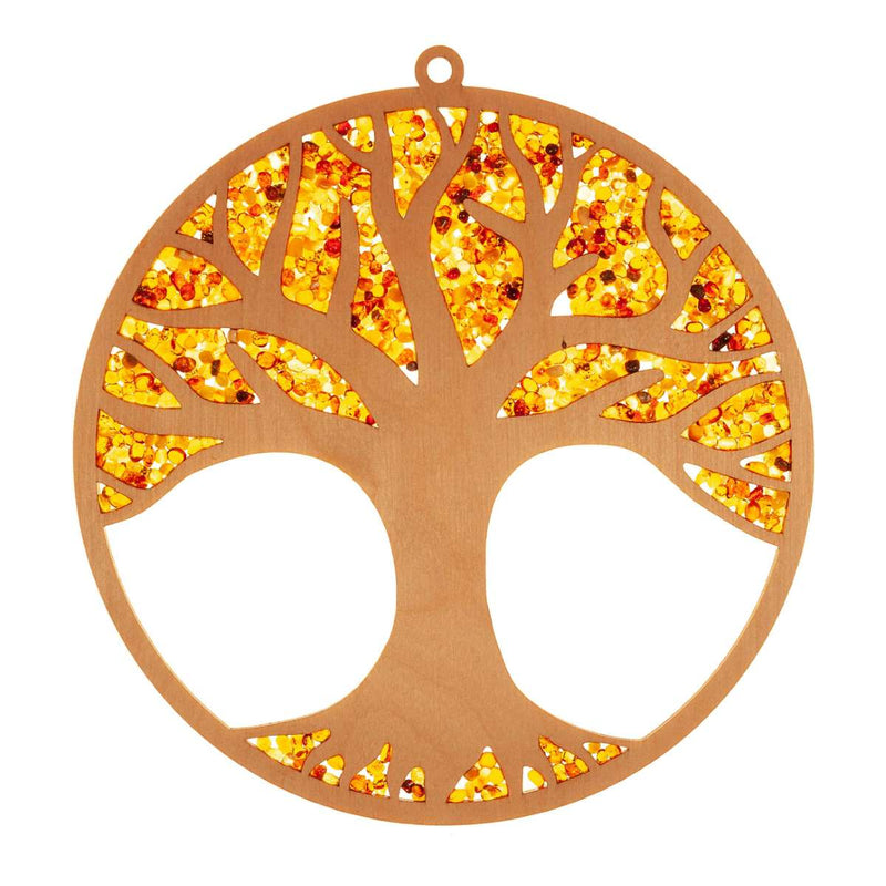 Bernstein Holz Suncatcher zum anbringen an ein Fenster mit dem Baum des Lebens als Motiv