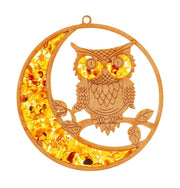 Bernstein Holz Suncatcher zum anbringen an ein Fenster, Motiv Eule und Mond