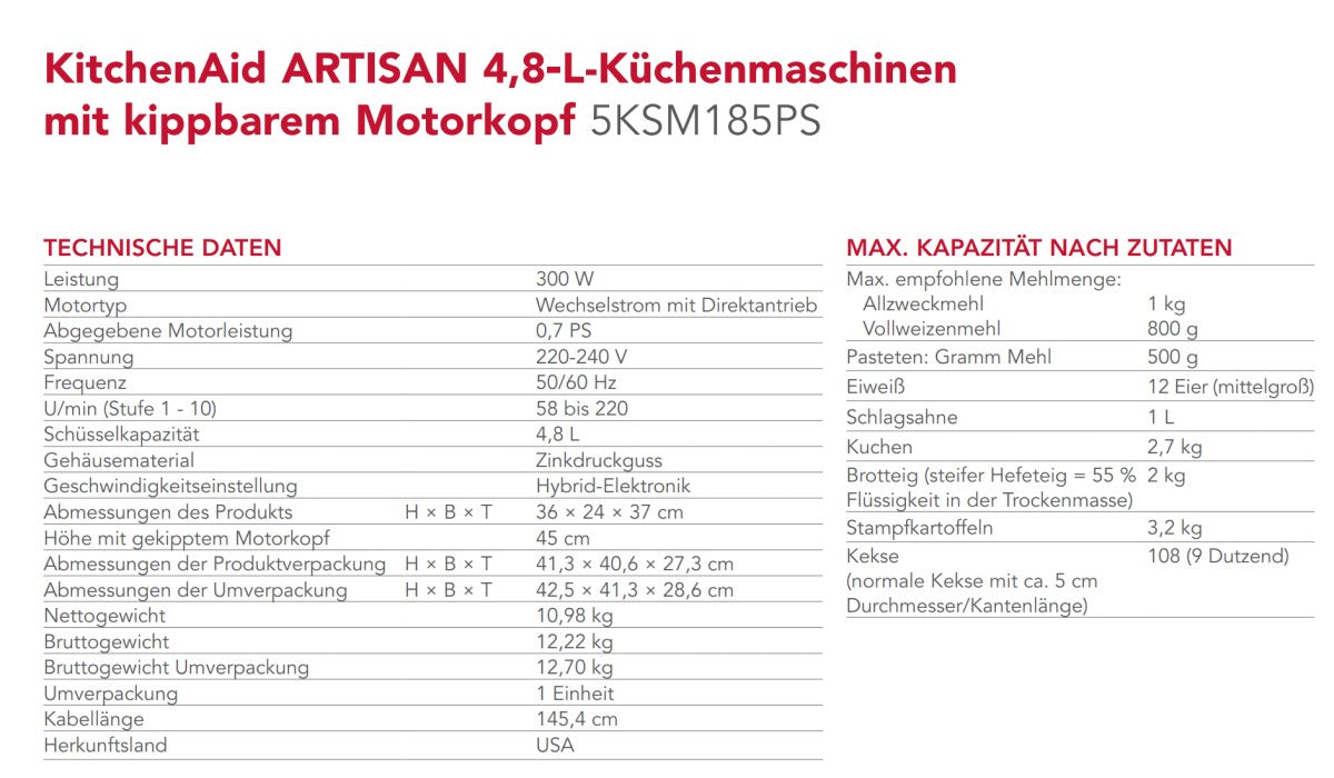 KitchenAid Artisan Küchenmaschine 4,8L KSM185
