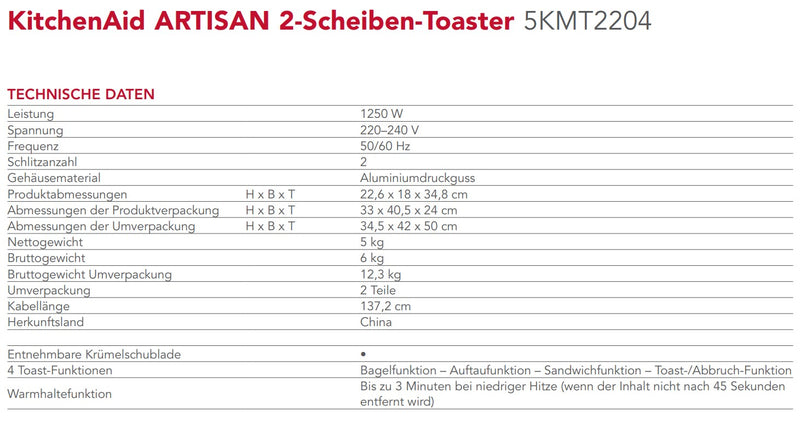 KitchenAid Artisan 2-Slice Toaster