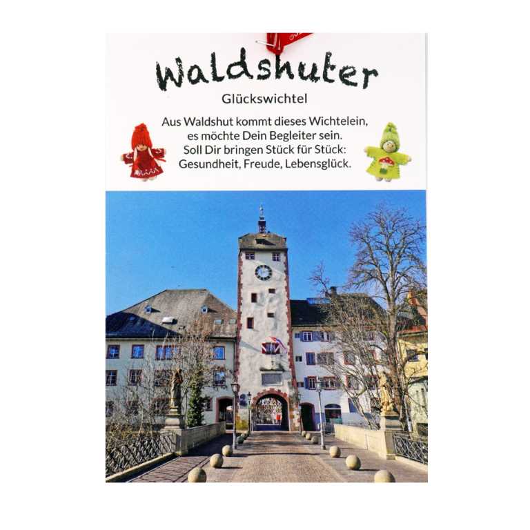 Karte vom Waldshuter Glückswichtel, kleine Schwarzwaldpuppe püppkes mit Bollenhut auf Geschenkkate mit kleinem Gedicht. Nur erhältlich bei Stil und Ambiente, haushaltgeschenke