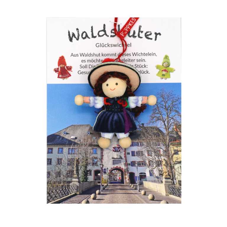 Waldshuter Glückswichtel, kleine Schwarzwaldpuppe püppkes mit Bollenhut auf Geschenkkate mit kleinem Gedicht. Nur erhältlich bei Stil und Ambiente, haushaltgeschenke